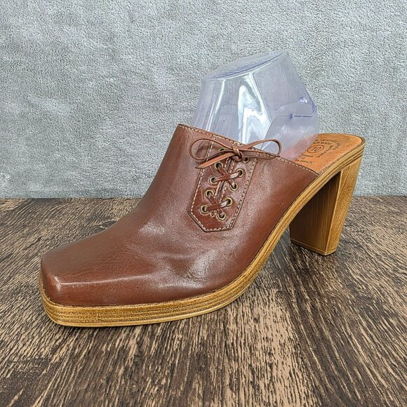 No Boundaries Vintage Mules Clogs Heels 10 Brown Square Toe Leather Y2K Side Tie - Picture 1 of 15